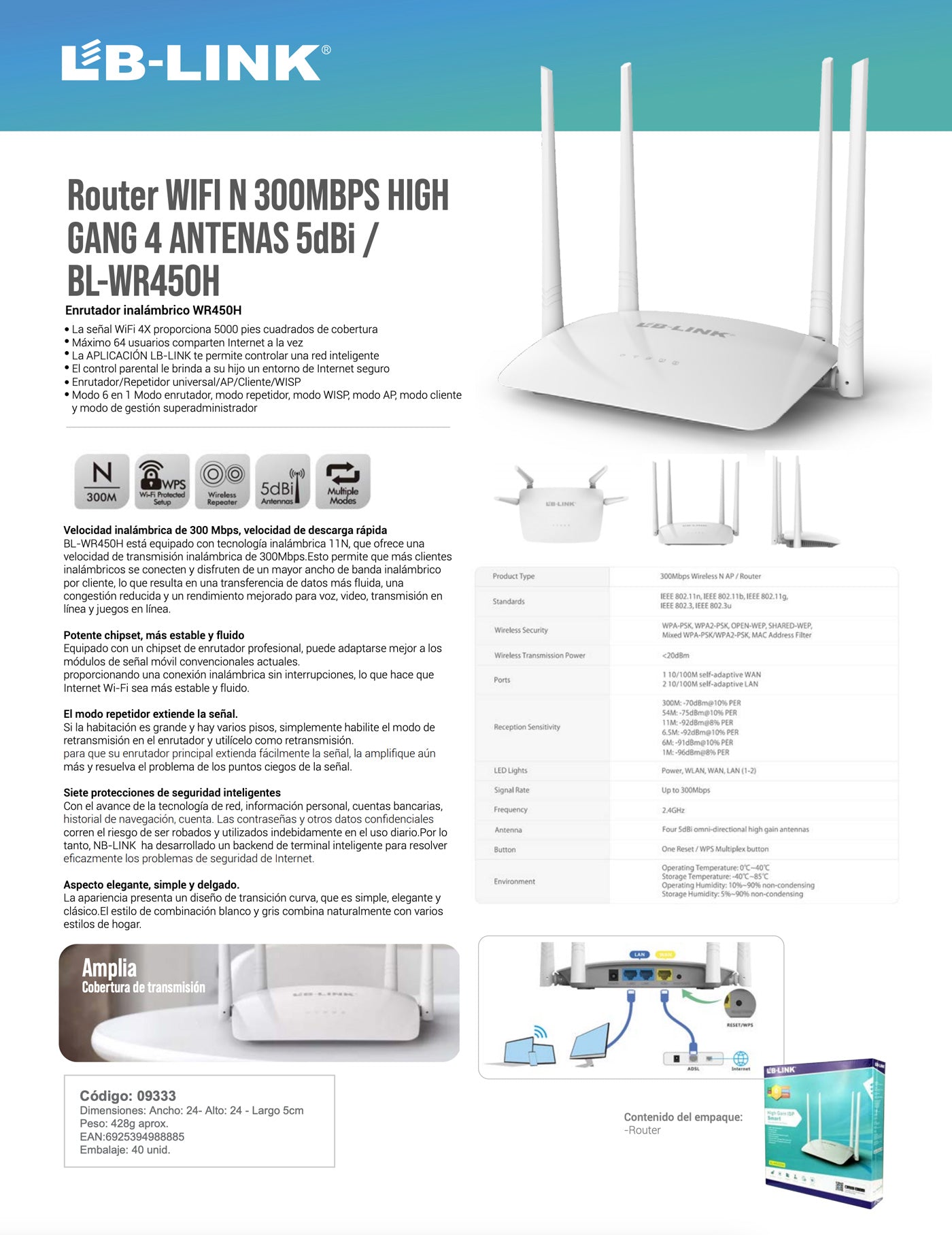 Router WIFI N 300MBPS HIGH GANG 4 ANTENAS 5dBi / BL-WR450H
