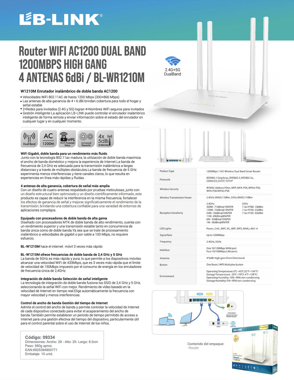 Router WIFI AC1200 DUAL BAND 1200MBPS HIGH GANG 4 ANTENAS 6dBi / BL-WR1210M