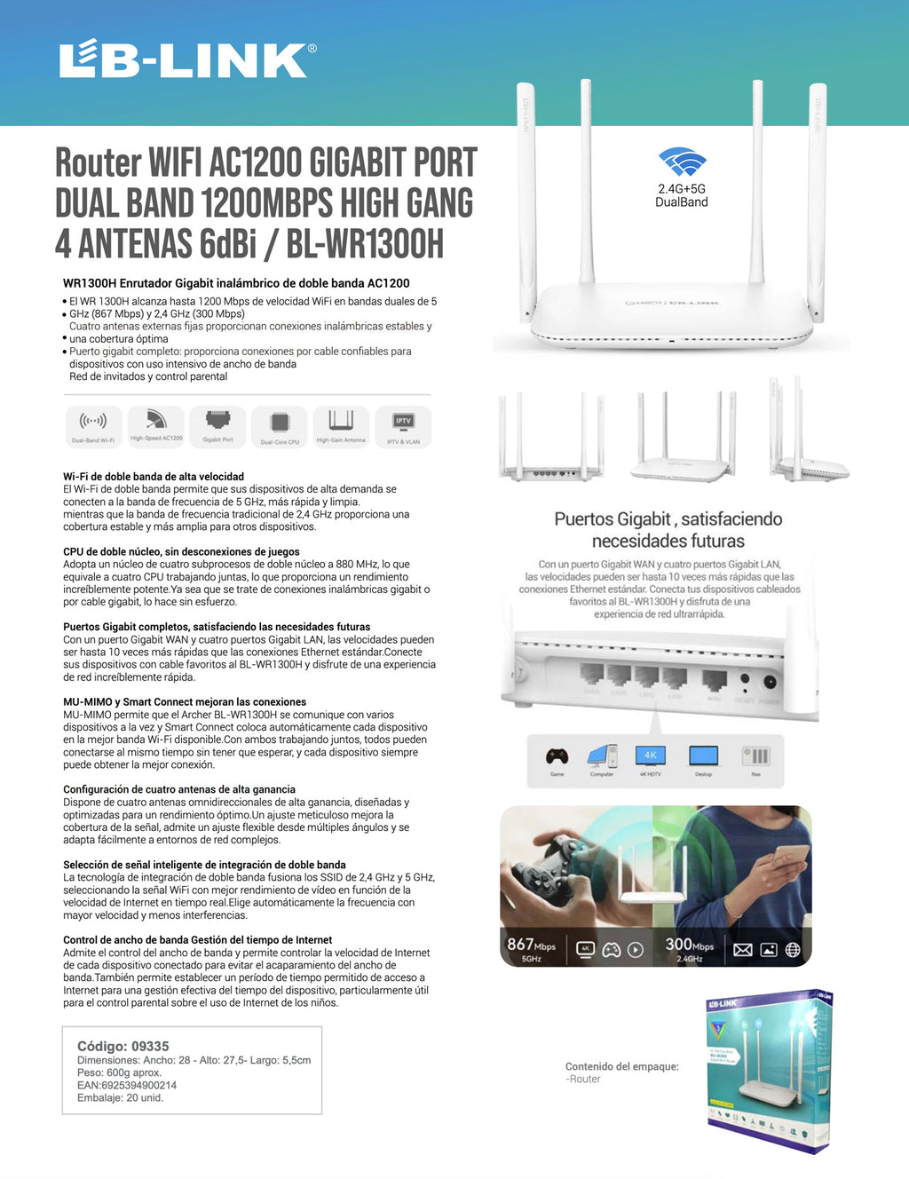 Router WIFI AC1200 GIGABIT PORT DUAL BAND 1200MBPS HIGH GANG 4 ANTENAS 6dBi / BL-WR1300H