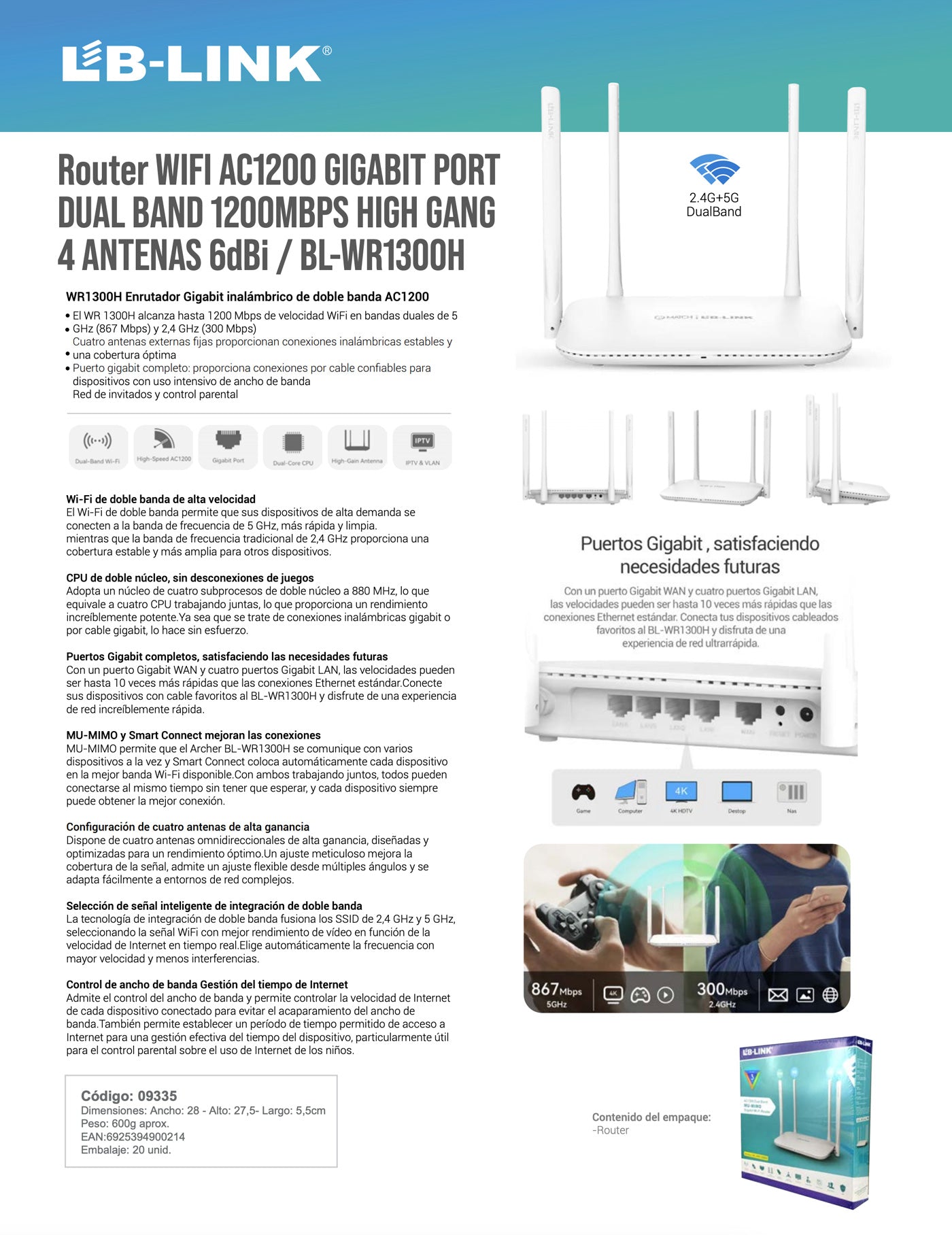 Router WIFI AC1200 GIGABIT PORT DUAL BAND 1200MBPS HIGH GANG 4 ANTENAS 6dBi / BL-WR1300H